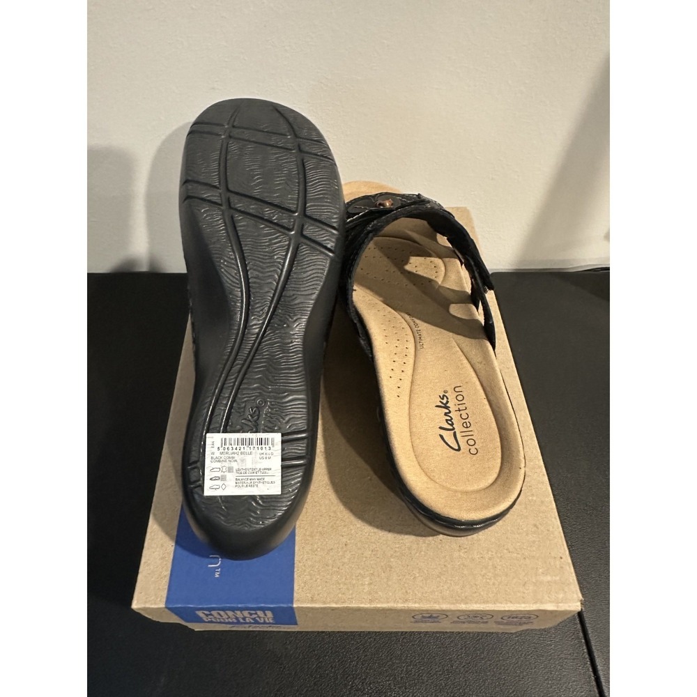 Clarks Collection Merliah2 Belle 9 Black Leather Floral Slide Sandals 26181720 - Picture 6 of 11